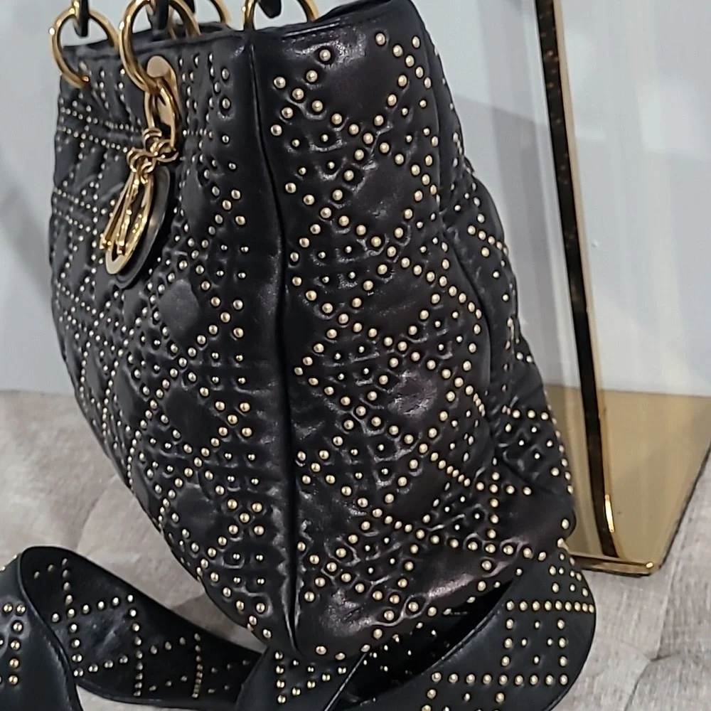 Christain Dior Lady Dior Black Studded Tote Handbag - Picture 5 of 16